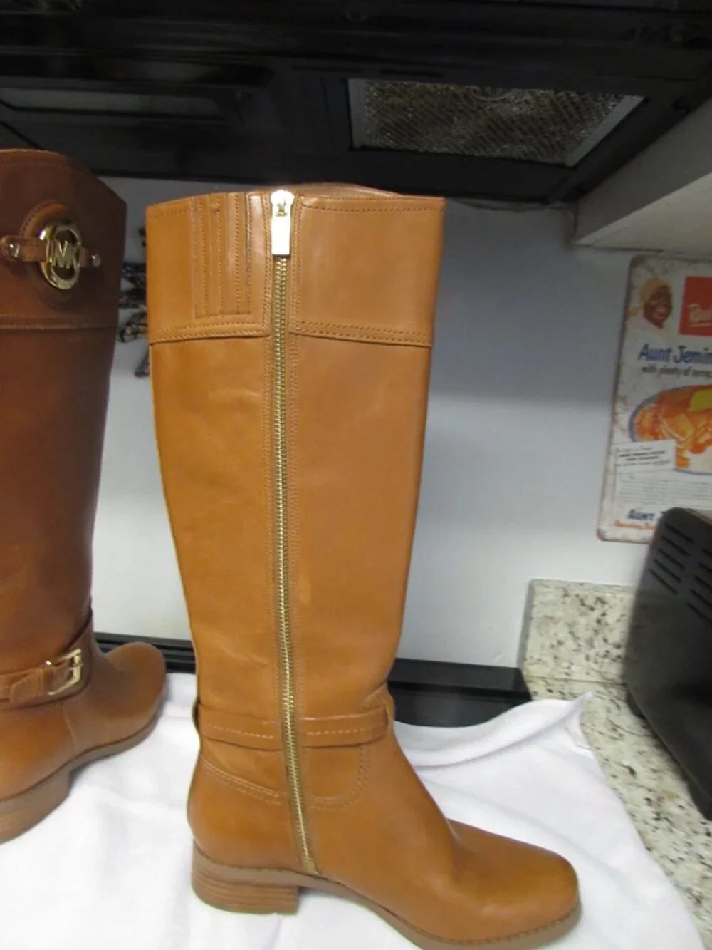 Michael Kors Hamilton Boots Tall Tan Brown Leather Logo Knee Zip 5.5 M